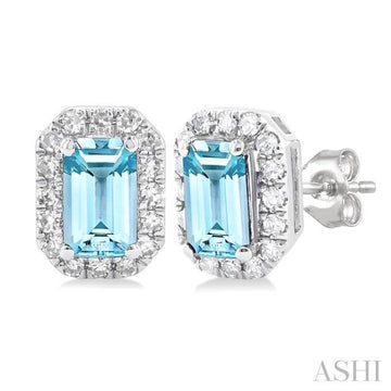 5x3 MM Octagonal Shape Aquamarine and 1/8 Ctw Single Cut Diamond Halo Semi-Precious Stud Earrings in 14K White Gold
